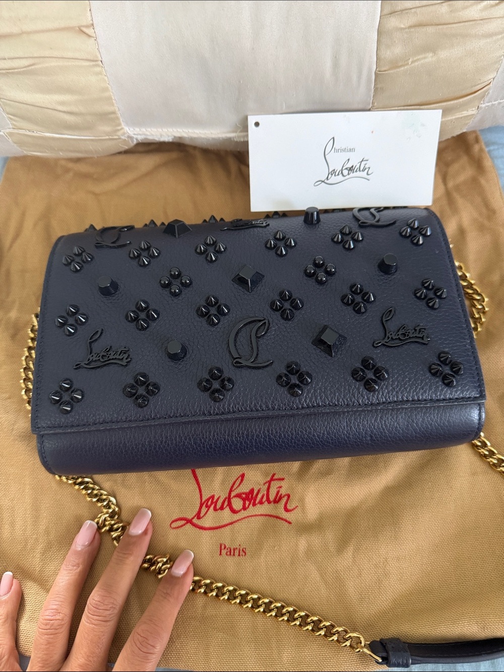 Christian Louboutin Navy Embossed Studded Leather Chain Crossbody Bag - Picture 7 of 7